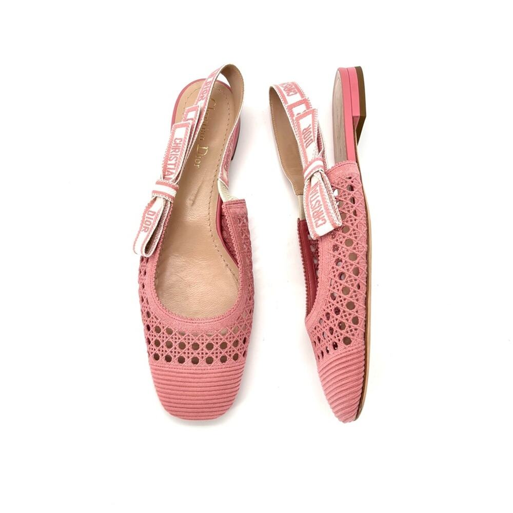 Dior & Moi Cannage Mesh Pink Bow Logo Slingback Flats Sandals 40.5